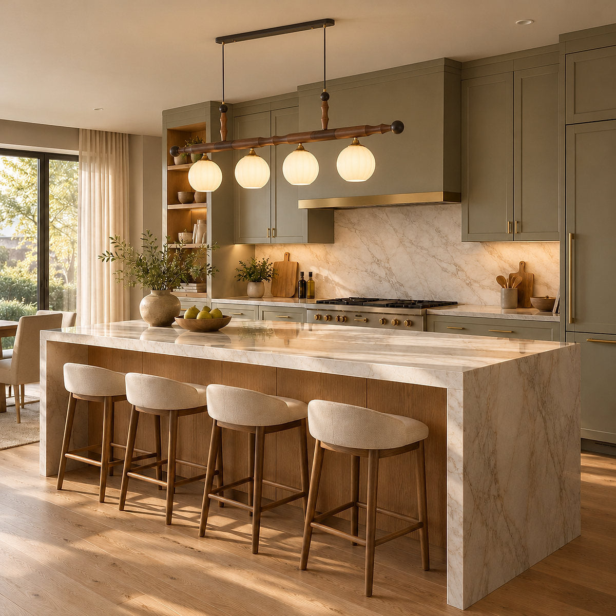 Walnut Linear Pendant with Opal Glass Globes
