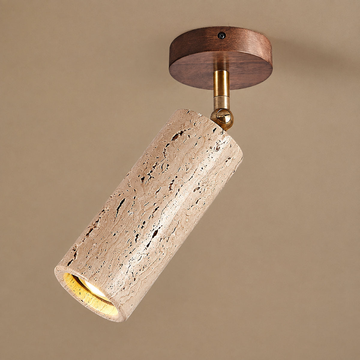 Solis Stone Spotlight, 2.6-Inch x H 6.3-Inch, Walnut Wood & Yellow Travertine, Warm Light for Bedroom & Living Room