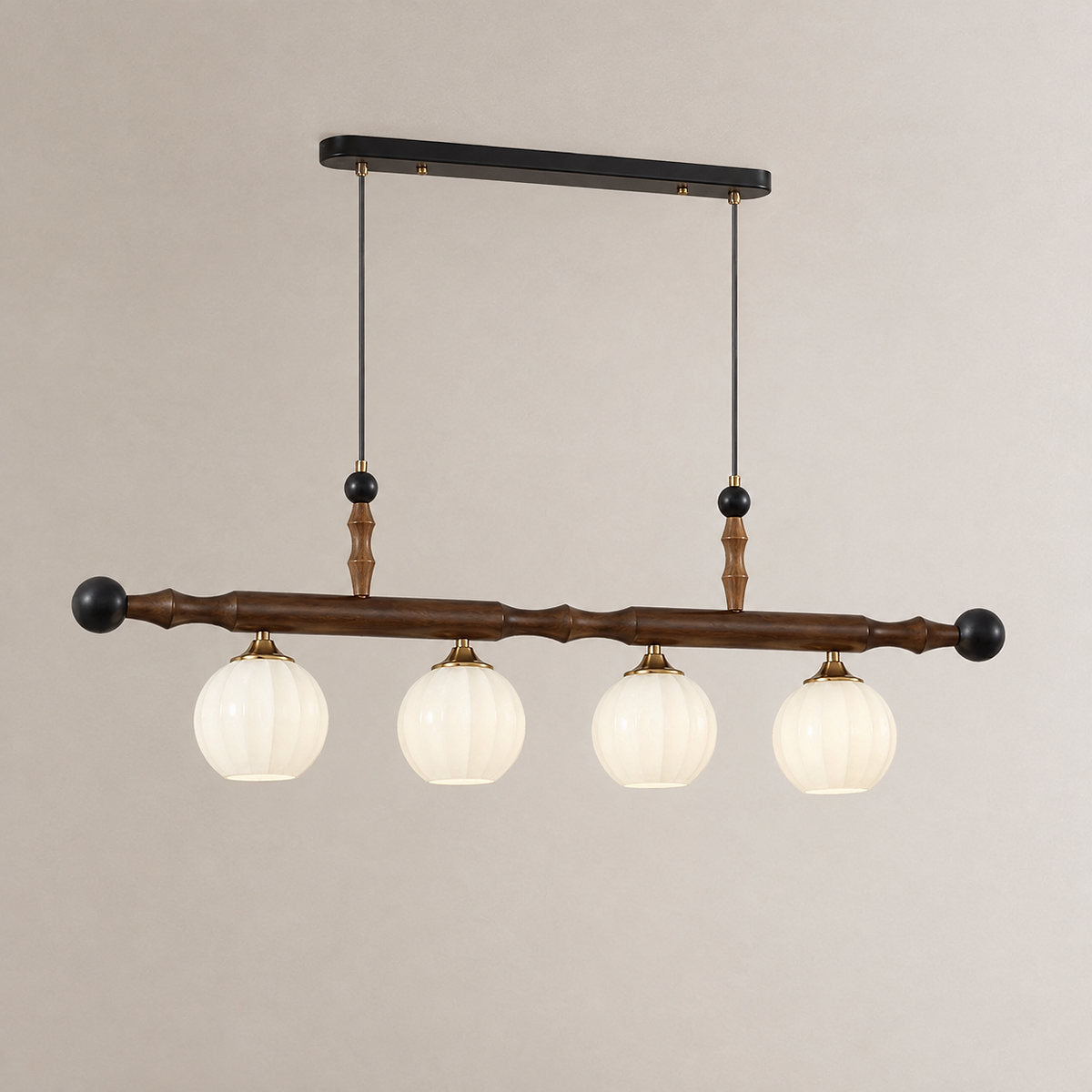 Walnut Linear Pendant with Opal Glass Globes