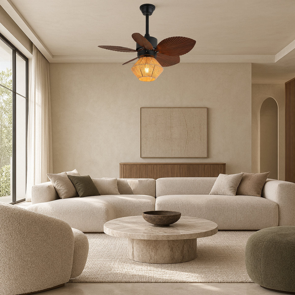 Isla Ceiling Fan Light, 30-Inch x H 13.8-Inch, Walnut Wood Grain & Black for Living Room