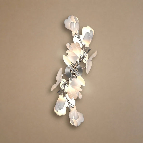 Gingko Flowers Wall Lamp, 11.8-Inch x H 23.6-Inch, Gold & White for Living Room & Dining Room