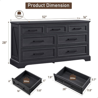 52" Wide Farmhouse 7-Drawer Dresser | Black Chest of Drawers