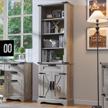 72" Tall Farmhouse Bookcase with Barn Door and Storage Cabinet