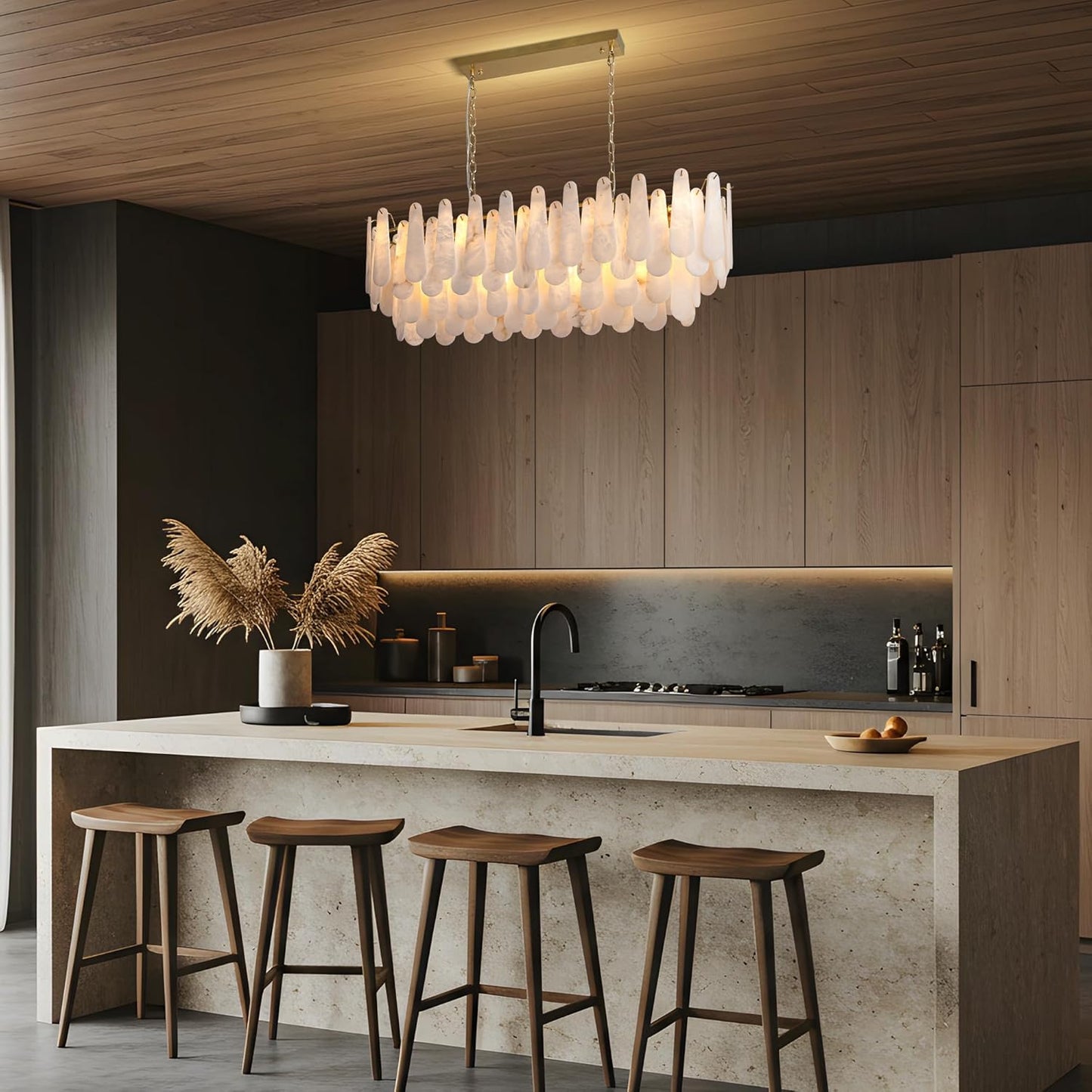 L47.2 Modern Alabaster Rectangular Brass Chandelier