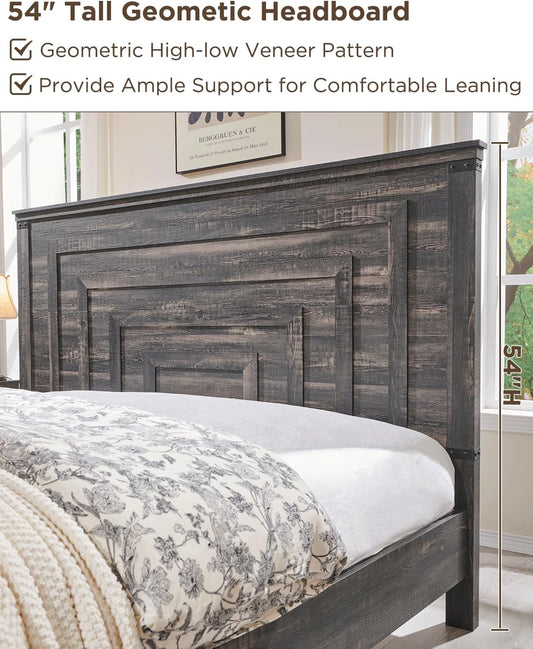 Farmhouse King Size Wood Bed Frame with Storage Drawers