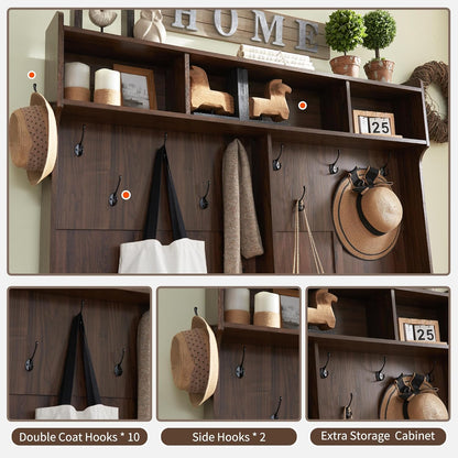 59" Farmhouse Hall Tree with Shoe Storage Bench & Cubbies