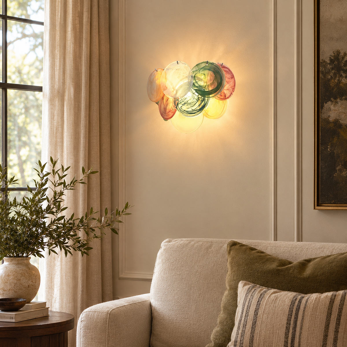 Lunaria Disc Glass Wall Lamp, 13.4-Inch, Green for Living Room & Dining Room