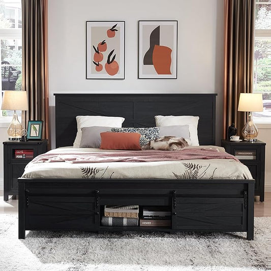 JXQTLINGMU Queen Farmhouse Bed Frame with Barn Door Headboard, Black
