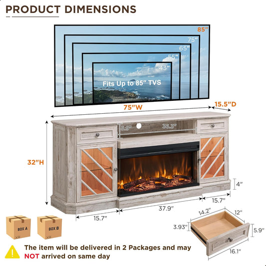 OKD 75 Inch Fireplace TV Stand Entertainment Center Console