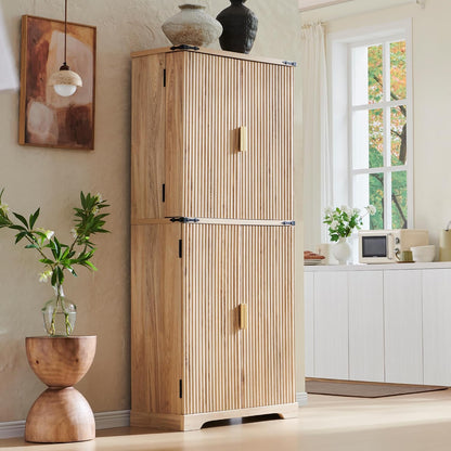 72" Fluted Natural Oak Pantry Cabinet | 4 Doors & Shelves