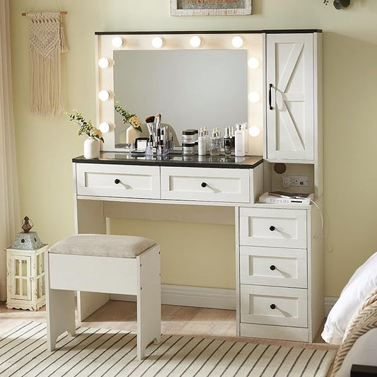 Farmhouse Style Vanity Makeup Desk with Lighted Mirror & Charging