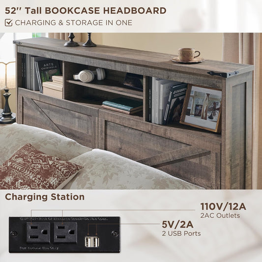 Farmhouse King Bed Frame with Storage Headboard, Drawers & LED