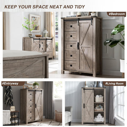 T4TREAM 5 Drawer Farmhouse Dresser with Sliding Barn Door