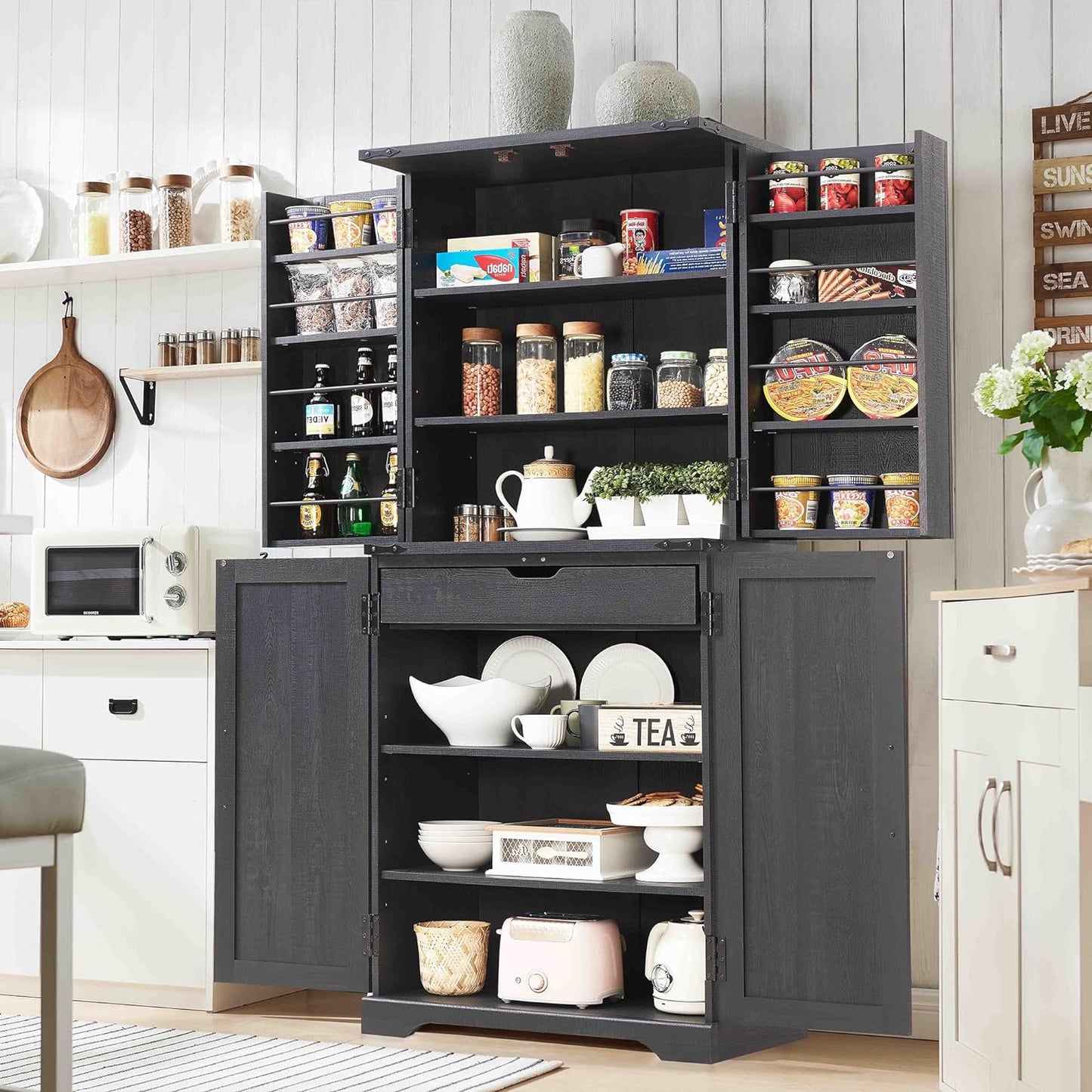 72" Farmhouse Kitchen Pantry Storage Cabinet with Barn Door and Shelves