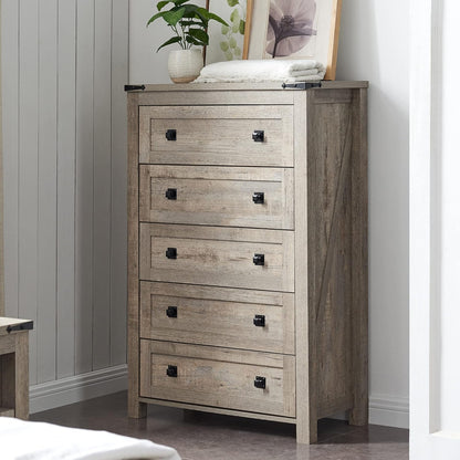 T4TREAM Farmhouse 5 Drawer Dresser - Rustic Wood Chest
