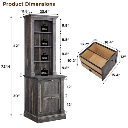 Rustic Farmhouse 72" Tall Bookcase with Adjustable Shelves & Drawers