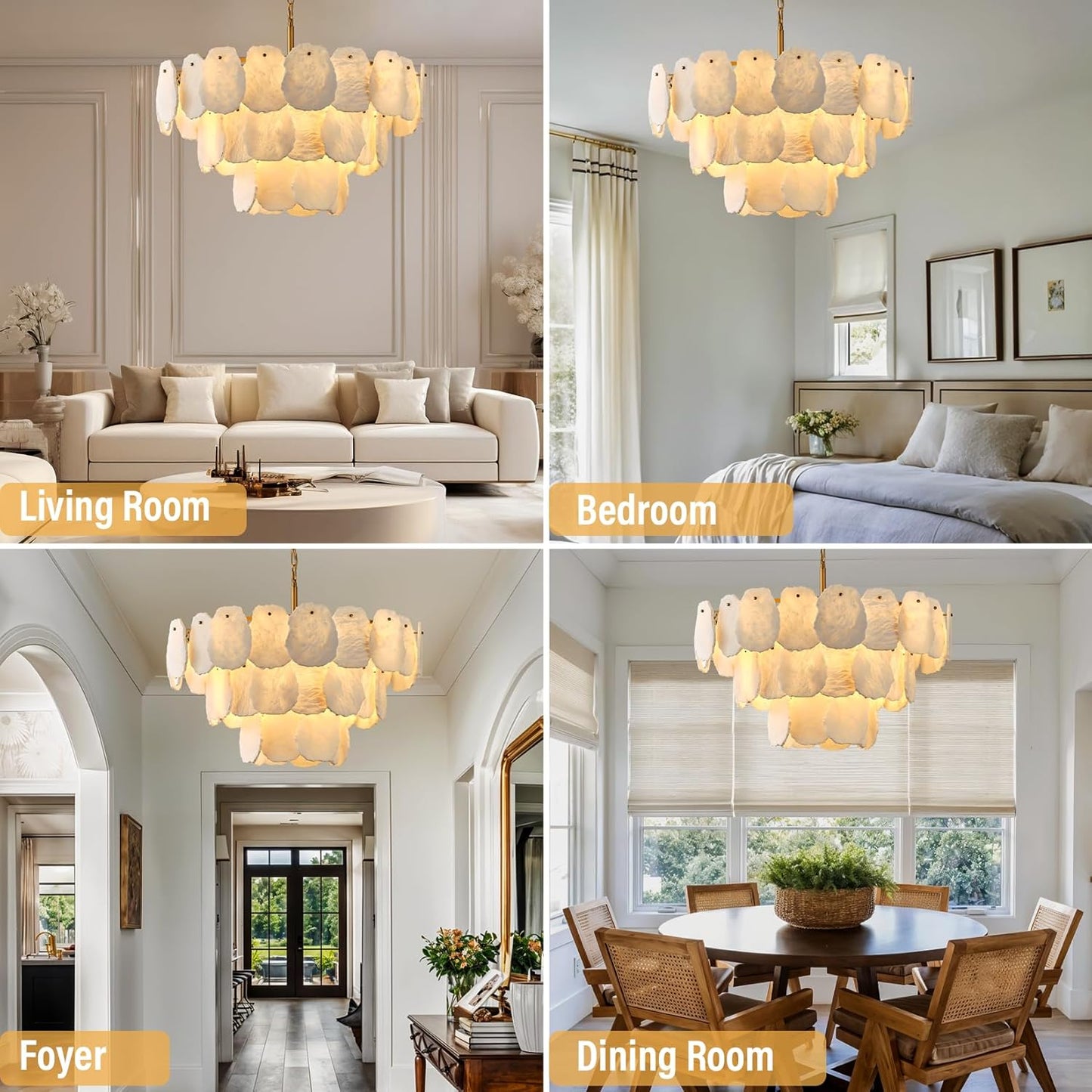 Three-tiered alabaster round chandelier 32"