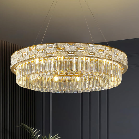 31-inch 12-lamp large living room crystal round gold chandelier