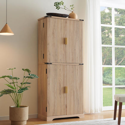 72" Fluted Natural Oak Pantry Cabinet | 4 Doors & Shelves