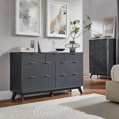 T4TREAM Fluted 7-Drawer Dresser - Modern Curved Dark Grey