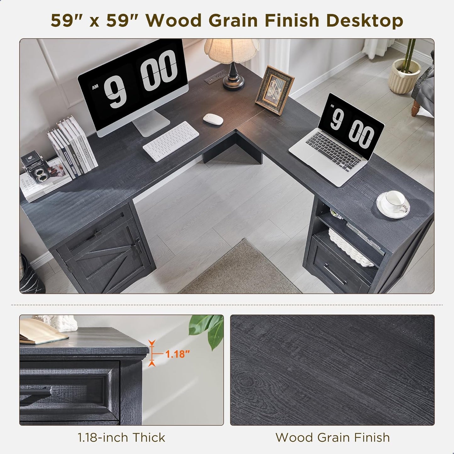 59-inch Farmhouse Computer Desk with File Cabinet - Cool Black