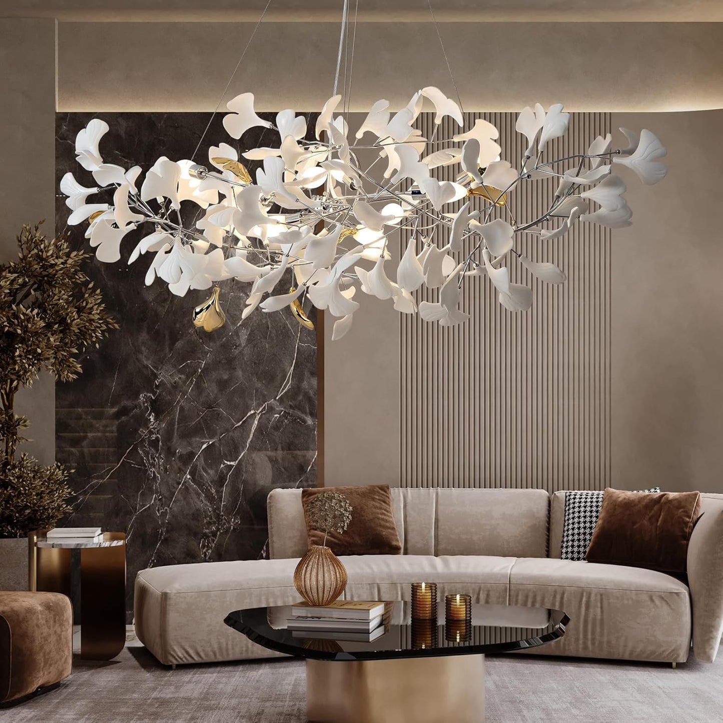 Ceramic Ginkgo Leaf Chandelier 59"