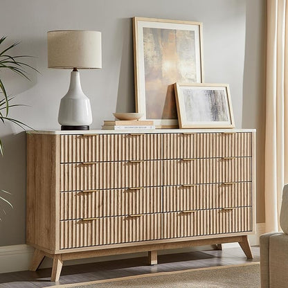 Modern Fluted 8-Drawer Dresser, Wide Chest with Faux Marble Top