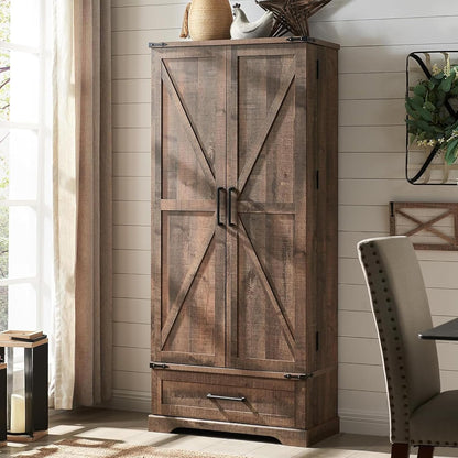 72" Farmhouse Kitchen Pantry Cabinet with Drawer, Barn Door Design