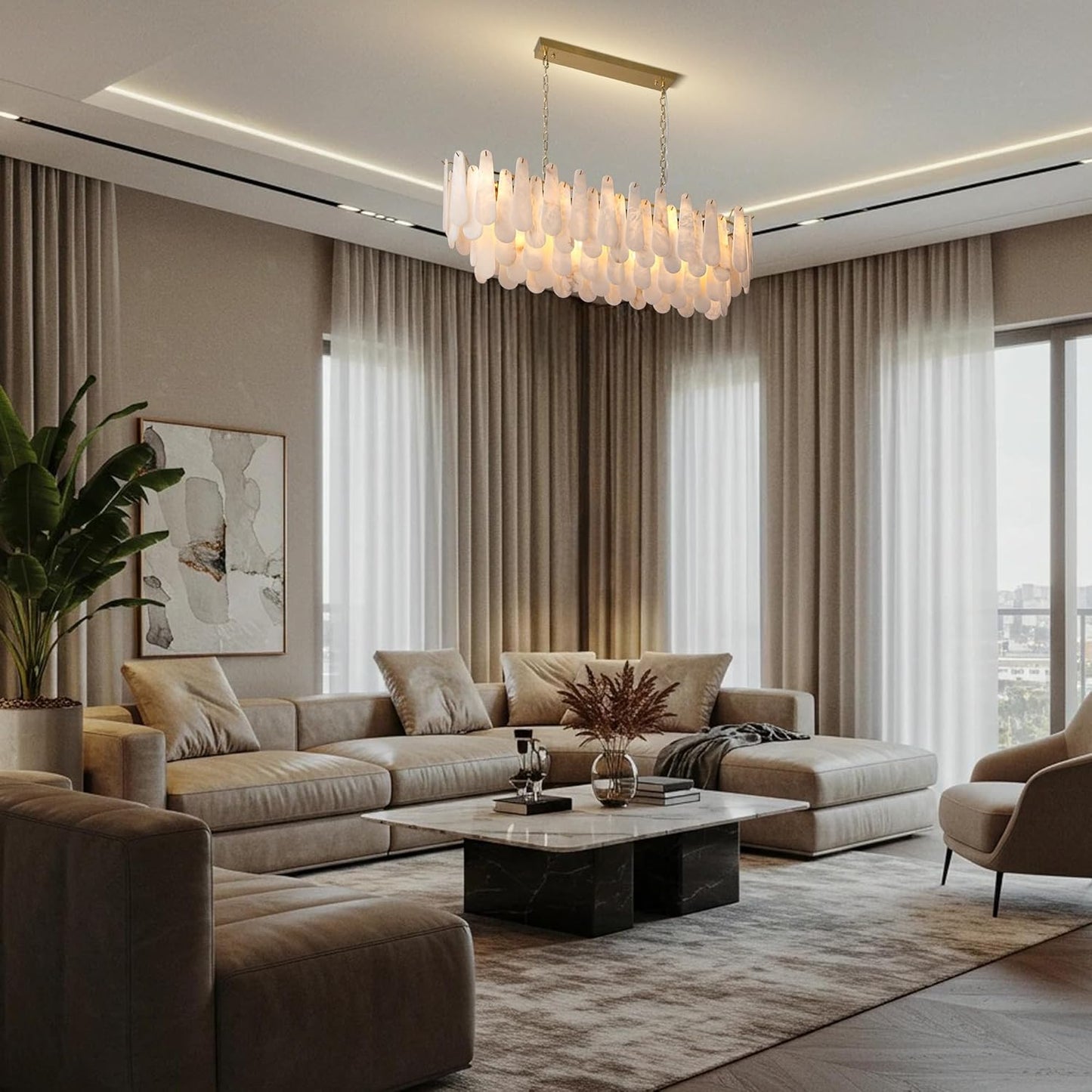L47.2 Modern Alabaster Rectangular Brass Chandelier