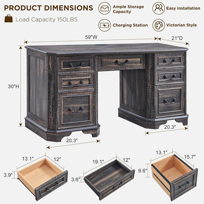 T4TREAM 59" Farmhouse Executive Desk with Drawers & Charging Station