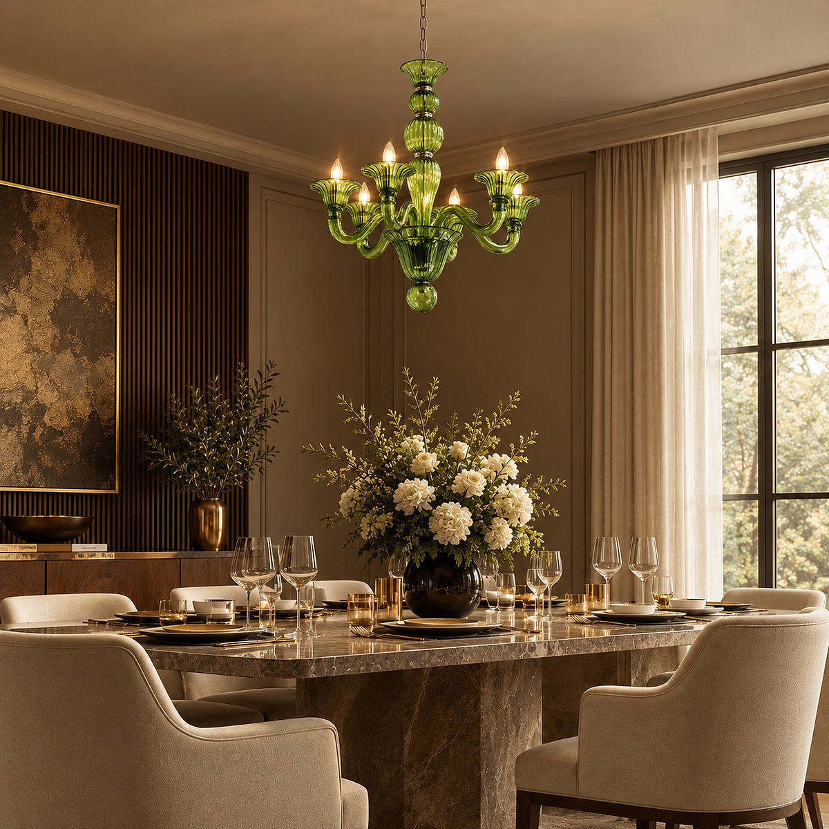 Liquid Green Hand-Blown Glass Chandelier