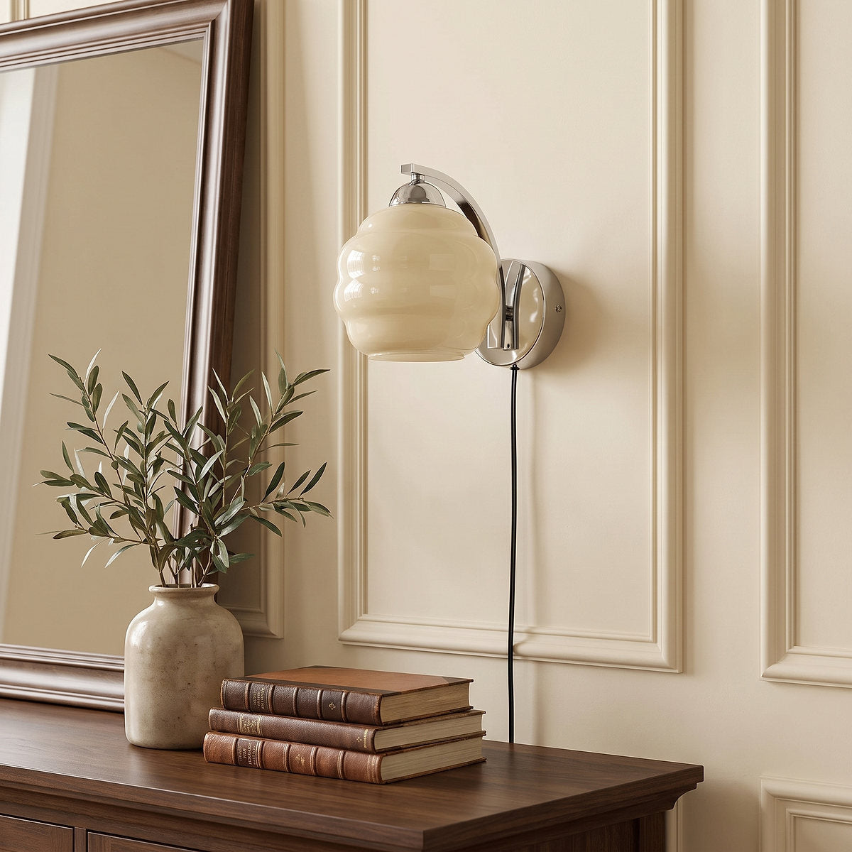 Art Deco Plug-in Wall Lamp, 5.9-Inch x H 6.3-Inch, Gold+Beige, US Plug for Bedroom & Living Room