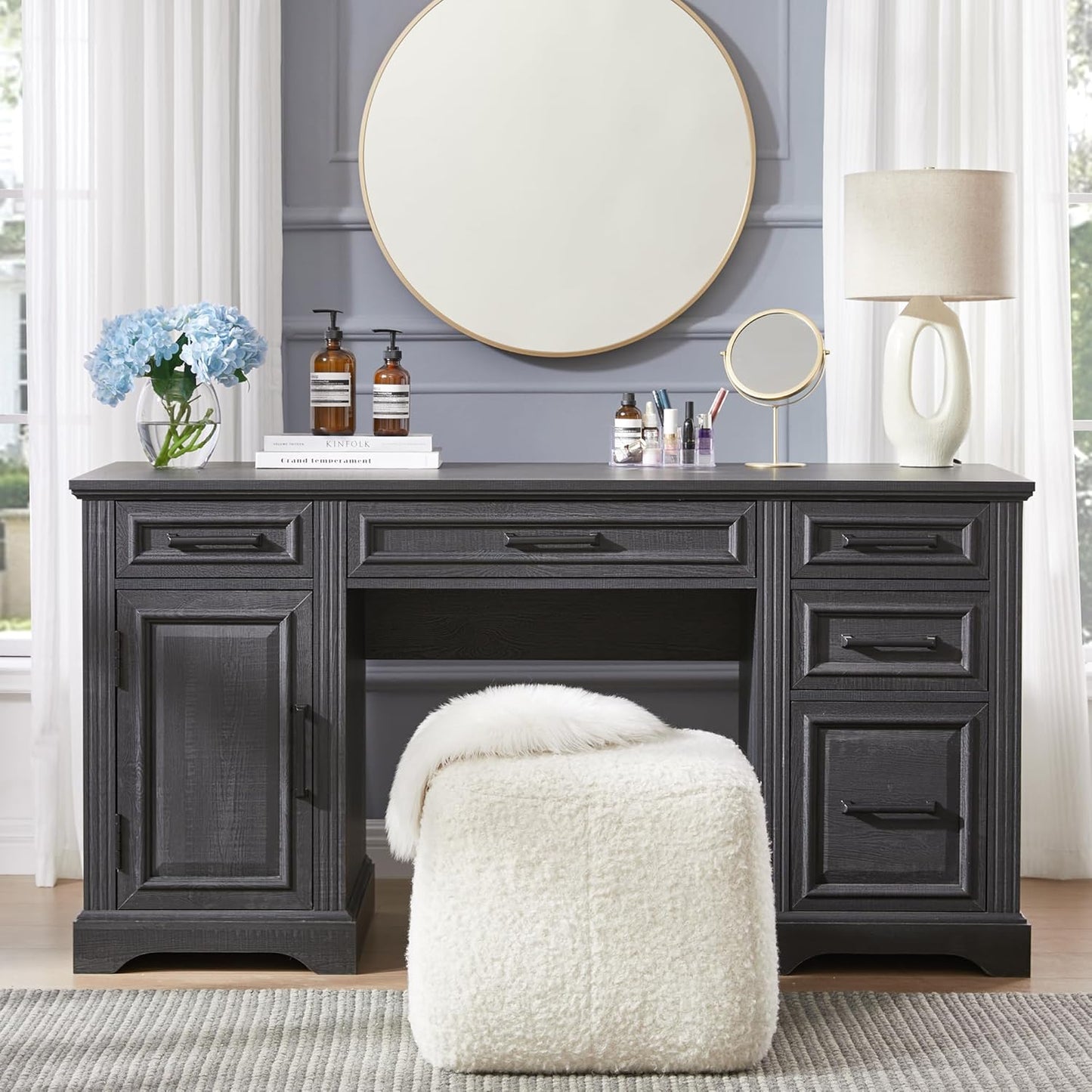 JXQTLINGMU 58 Inch Black Computer Desk with Embossed Texture & Drawers