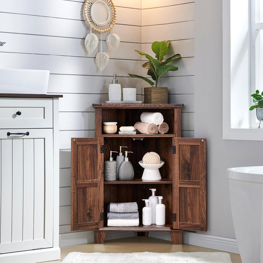 Farmhouse Corner Bathroom Cabinet with Barn Door and Adjustable Shelf