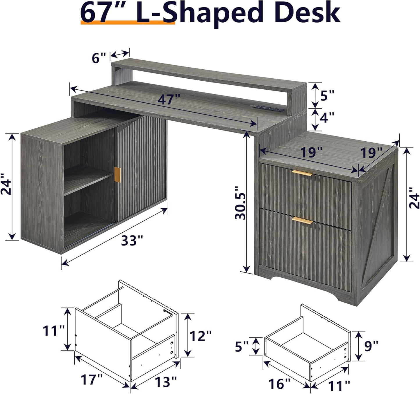 Modern 67" L-Shaped Desk with Storage & Power Outlets