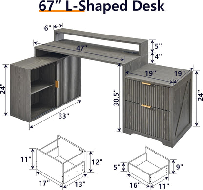 Modern 67" L-Shaped Desk with Storage & Power Outlets