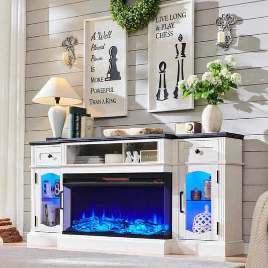 Farmhouse TV Stand with 36" Fireplace & LED - Antique White