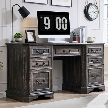 T4TREAM 59" Farmhouse Executive Desk with Drawers & Charging Station