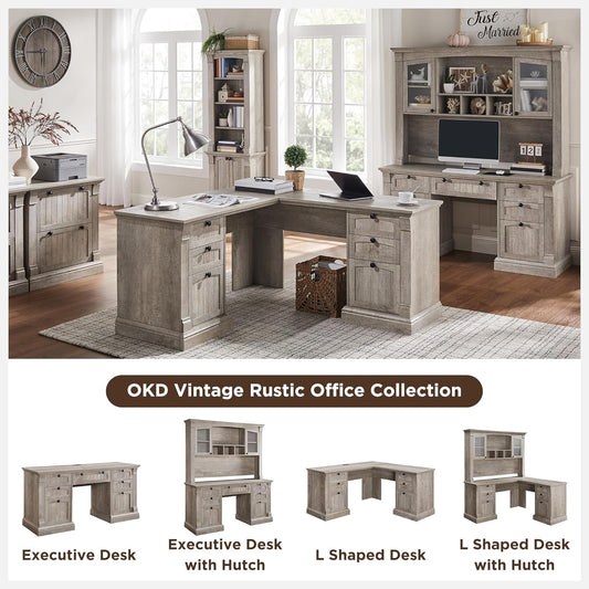 OKD 60" Farmhouse Executive Desk with Drawers and Charging Station