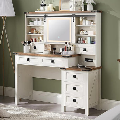 48'' Farmhouse Makeup Vanity Desk with Sliding HD Mirror and Lights