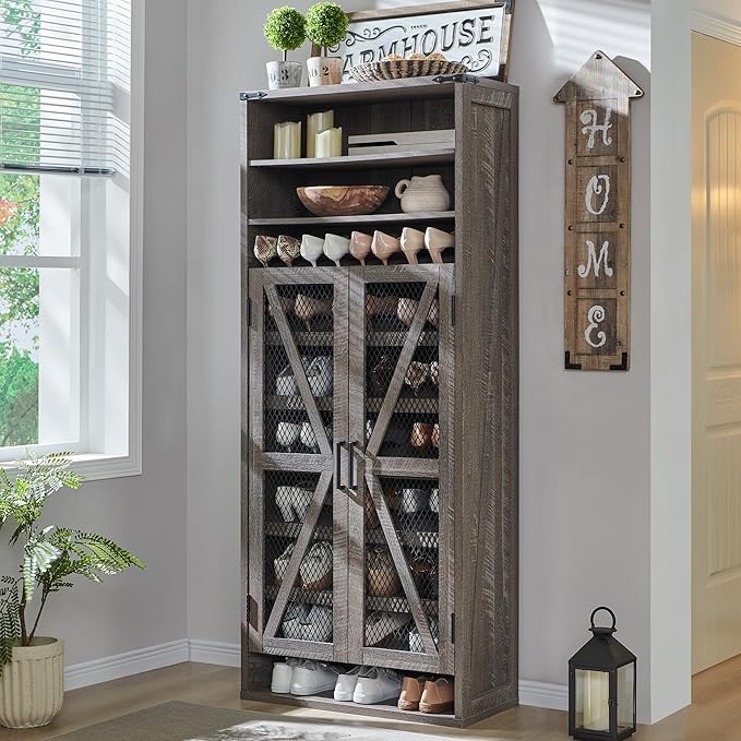 72" Tall Farmhouse Shoe Cabinet �C Mesh Door, Adjustable Shelves, Grey