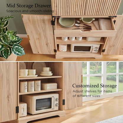 72" Fluted Natural Oak Pantry Cabinet | 4 Doors & Shelves