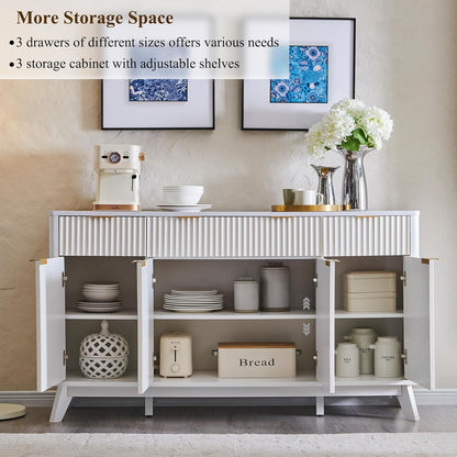 OKD 60" White Fluted Buffet Sideboard Cabinet with Storage
