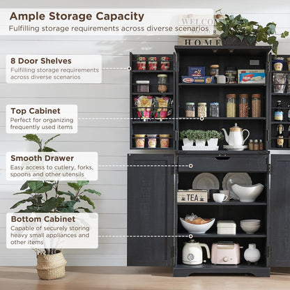 72" Farmhouse Kitchen Pantry Storage Cabinet with Barn Door and Shelves