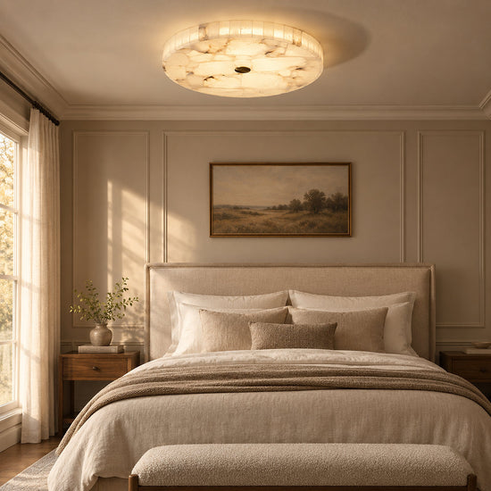 Round Alabaster Ceiling Light, 15.7-Inch x H 2-Inch, White & Gold, Warm Light for Living Room