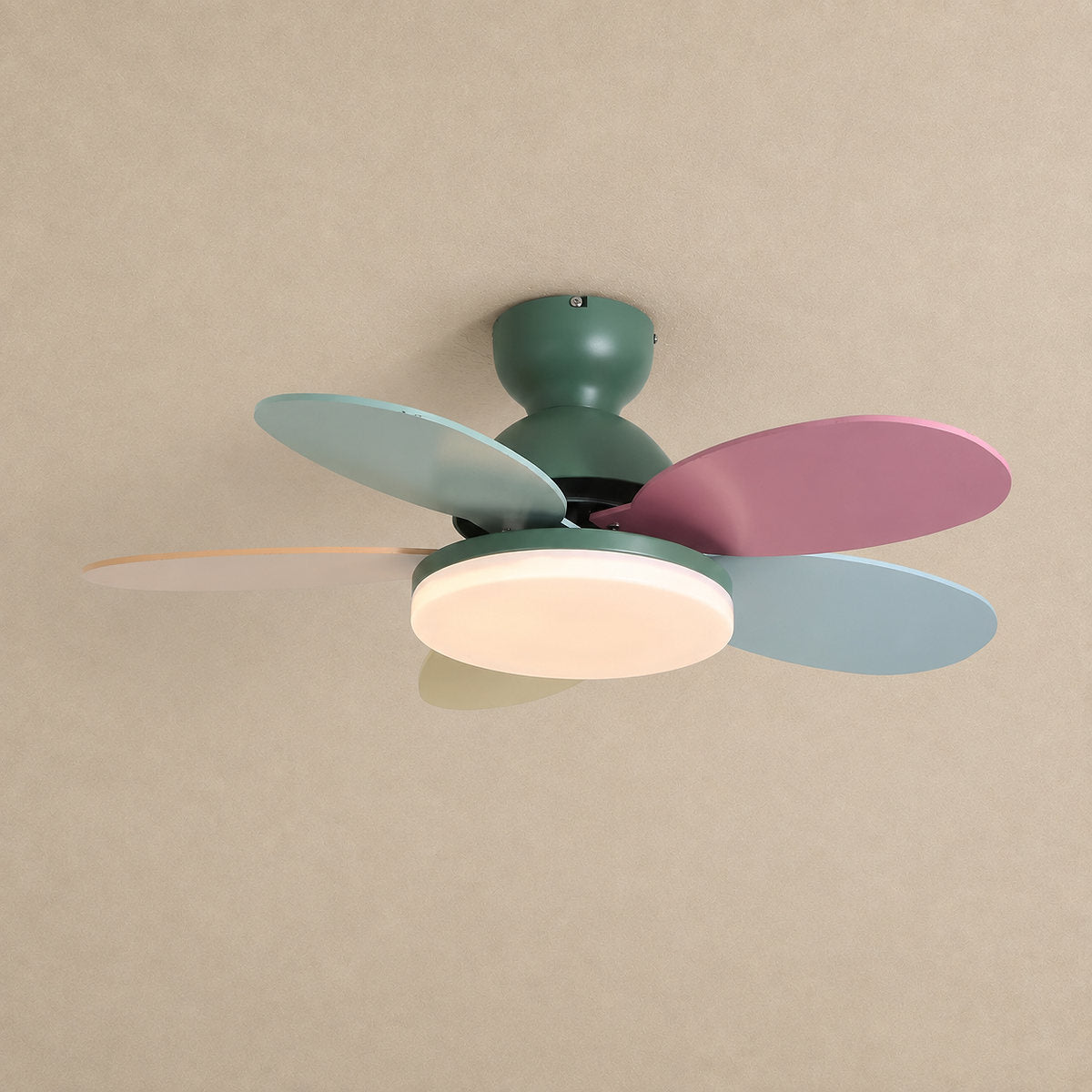 Petalo Ceiling Fan Light, 35.4-Inch x H 11.0-Inch, Green & Wood Grain, Warm Light for Living Room