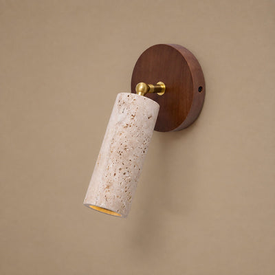 Solis Stone Spotlight, 2.6-Inch x H 6.3-Inch, Walnut Wood & Yellow Travertine, Warm Light for Bedroom & Living Room