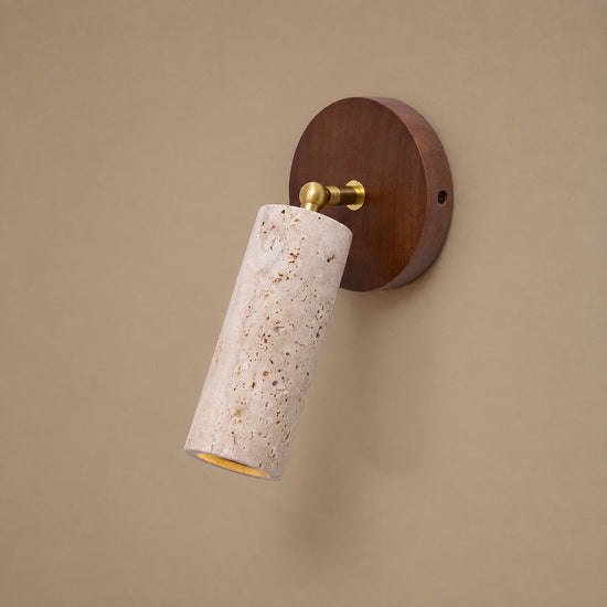 Solis Stone Spotlight, 2.6-Inch x H 6.3-Inch, Walnut Wood & Yellow Travertine, Warm Light for Bedroom & Living Room