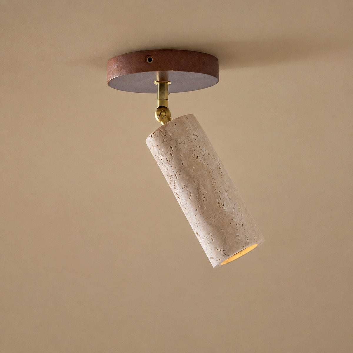 Solis Stone Spotlight, 2.6-Inch x H 6.3-Inch, Walnut Wood & Yellow Travertine, Warm Light for Bedroom & Living Room