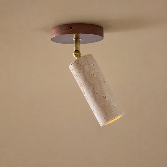 Solis Stone Spotlight, 2.6-Inch x H 6.3-Inch, Walnut Wood & Yellow Travertine, Warm Light for Bedroom & Living Room
